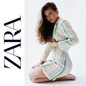 Zara The Valery Dress Striped Yellow Purple Green Smocked mini dress xs